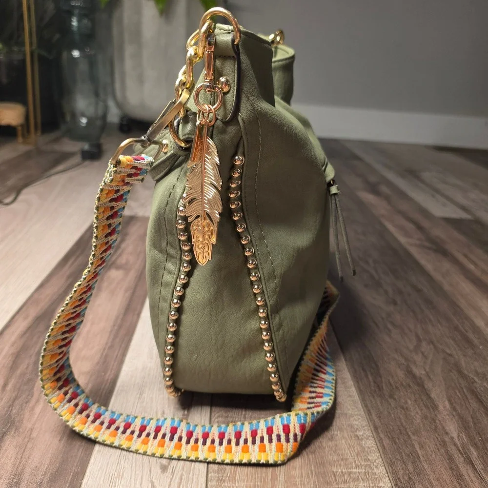 Jessica Simpson Olive Green Studded Hobo Bag Woven Guitar Strap Leopard Lining